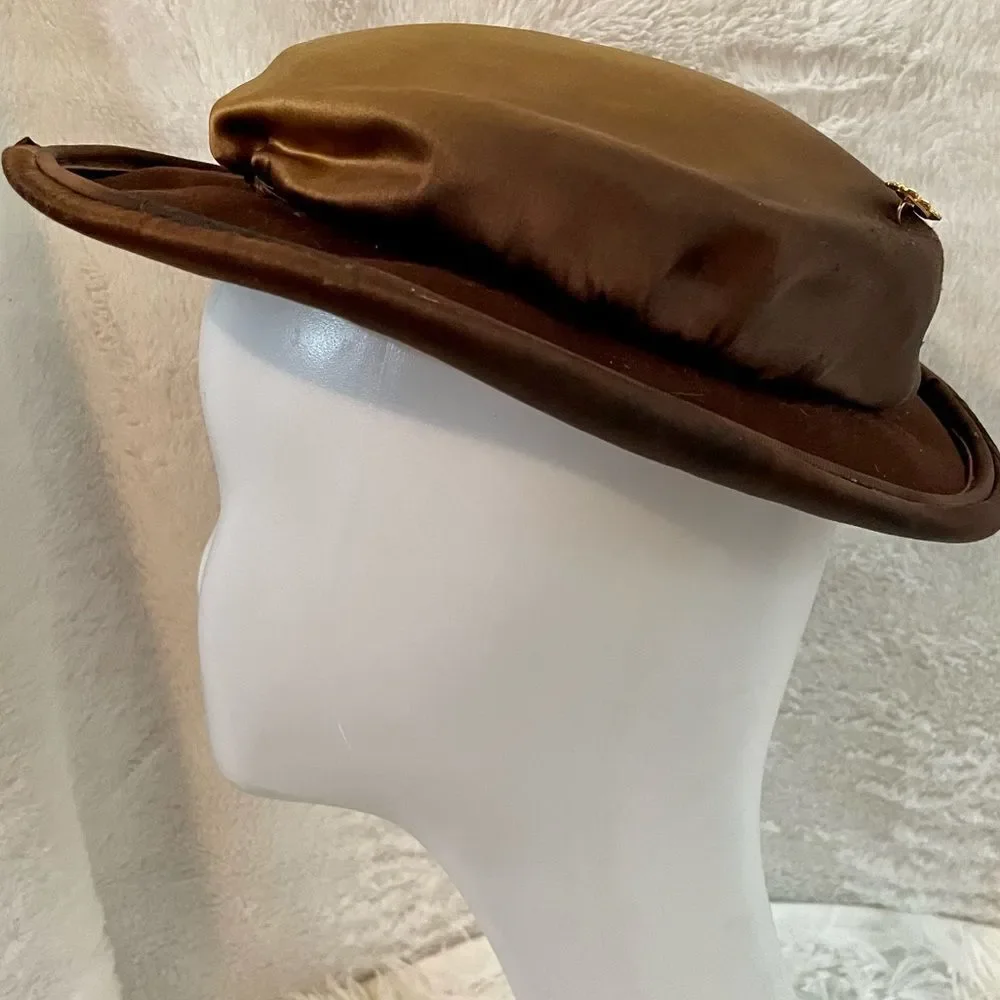 Vintage 1940s Bronze Satin Dish Hat with Golden Cloisonné Hat Pin - Picture 6 of 12